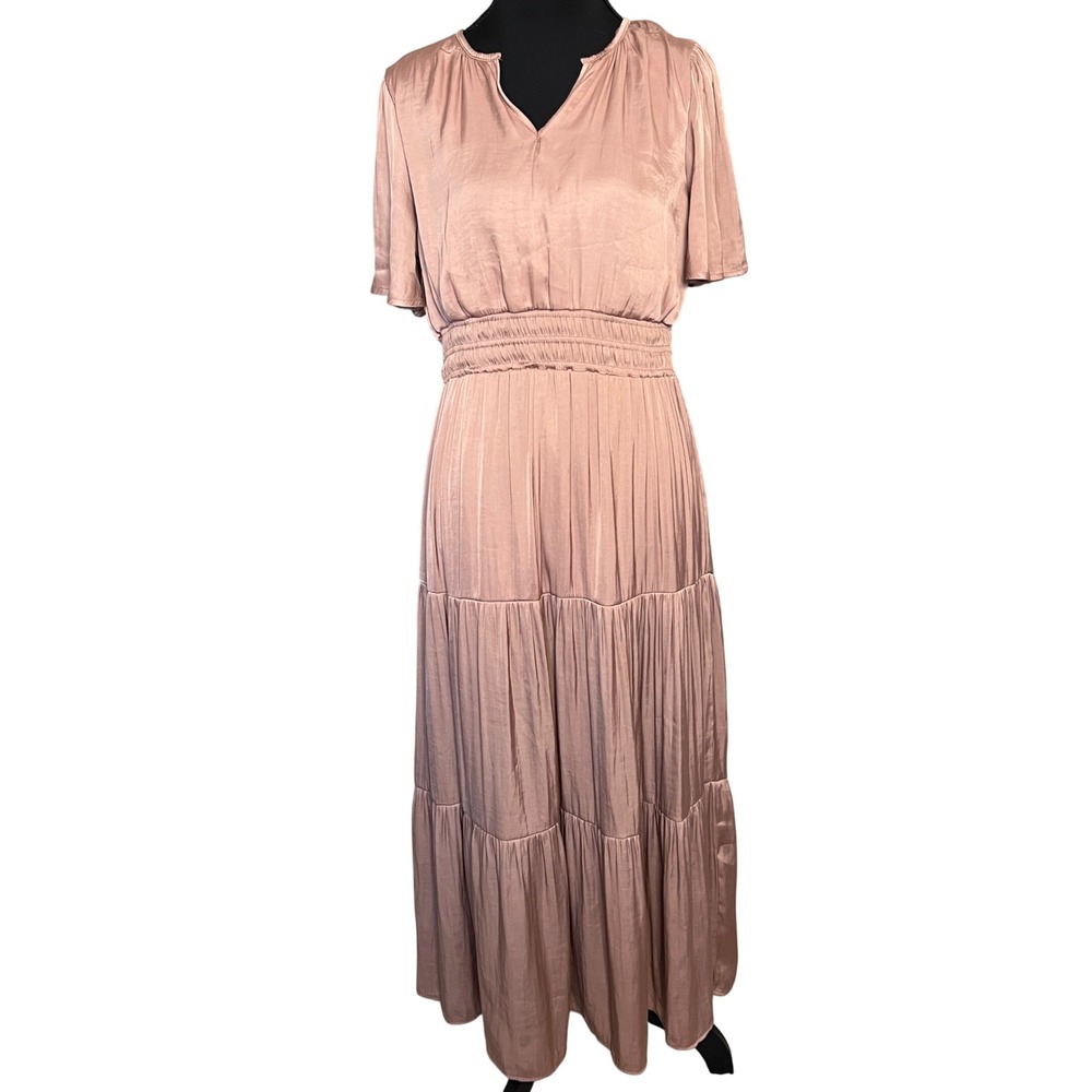 By The River Mauve Satin Tiered Maxi Dress Smocked Waist V-Neck Sz L Bridesmaid